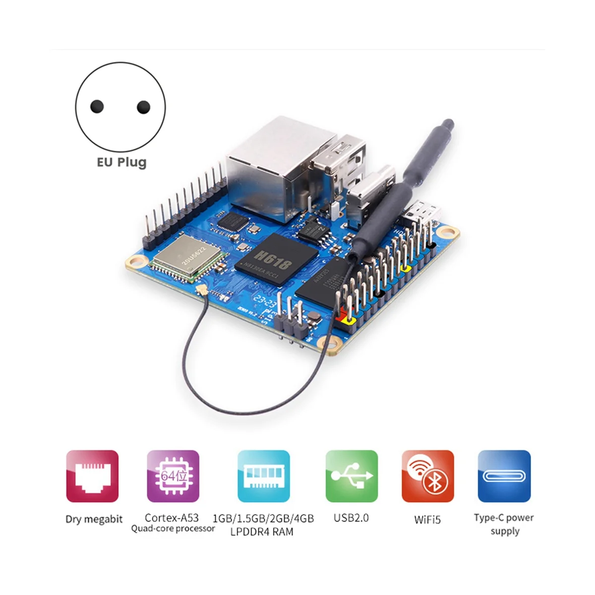 For Orange Pi Zero 3 Development Board 1.5GB Package RAM H618 WiFi5+BT5.0 Gigabit LAN for Android 12 Debian12 EU Plug