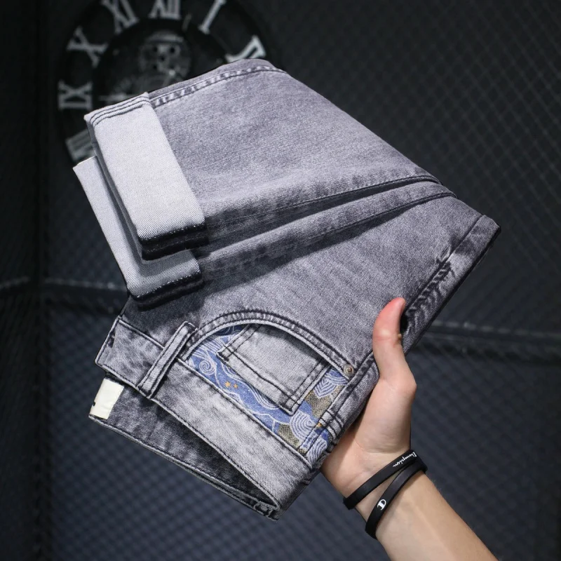 

Men's, gray jeans casual fashion Japanese style printed stitching washed stretch slim-fitting small straight trousers