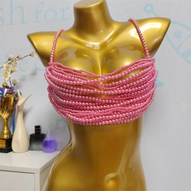 Damen Perlen-Körperkette BH Sexy Mehrlagiges Perlen-Y2K-Crop-Top Spaghetti-Träger Strand-Bikini-Überzug футболка+женская 2026 – Detail 11