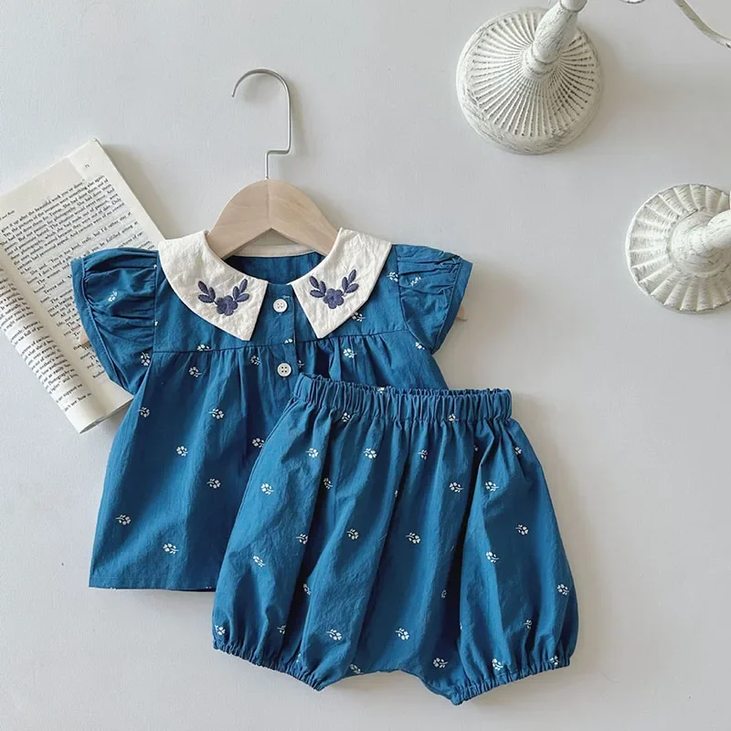 Summer Baby Girls Clothes Set 0-2Y Cute Peter Pan Collar Embroidery Top and Floral Shorts 2Pcs for Newborn Infant Toddler Outfit