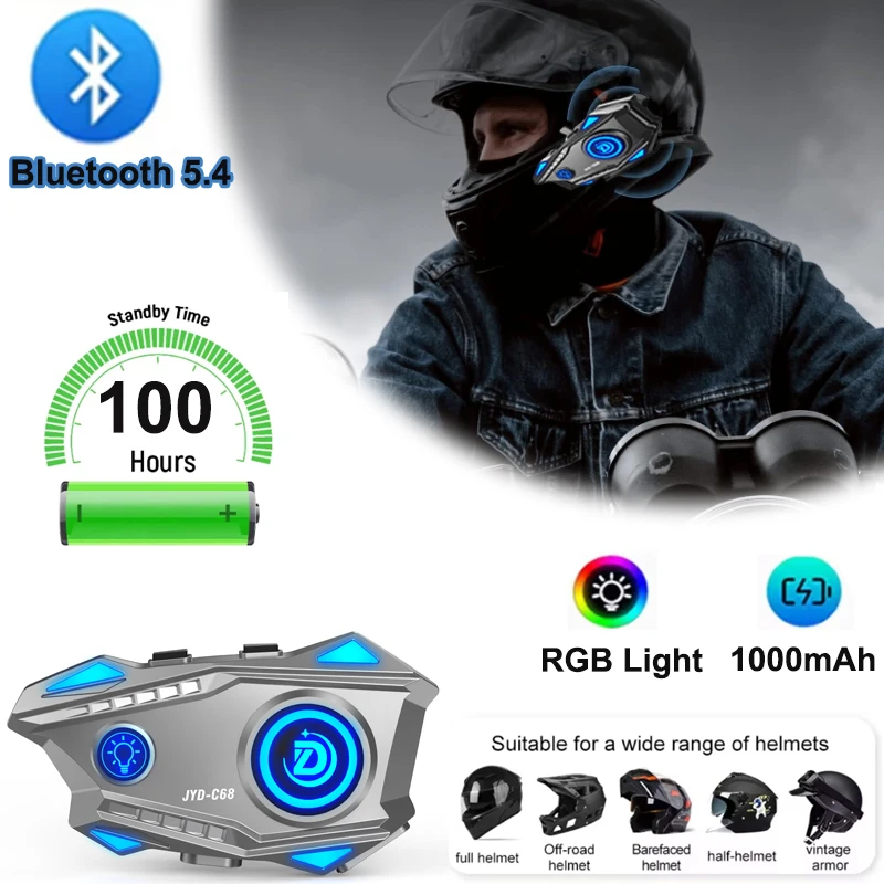 

Motorcycle Helmet Bluetooth Headset 1000mAh Long Standby Wireless Hands-free Waterproof Motorbike Earphone with RGB Light