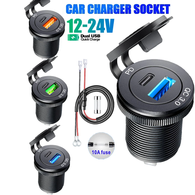 12/24V Aluminium Metal USB Outlet USB C Car Charger Socket USB Outlet 24V Cigarette Lighter fast charging for Car Boat Marine RV