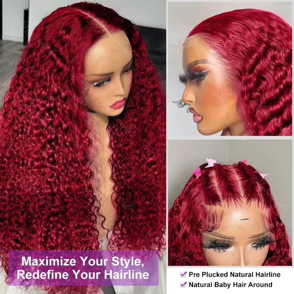 250% Brazilian 99J Burgundy 13x4 Deep Wave Frontal Wig Human Hair 30 inch Red Colored Curly 13x6 HD Lace Front Wigs For Women