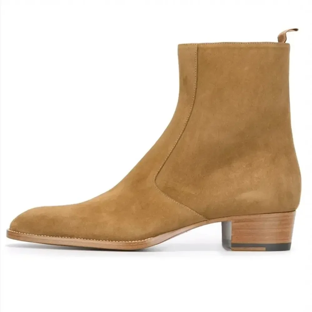 Handmade Factory Men Wedge 4cm Heel Suede Zipper Chelsea Boots Slim Fit Quality Booties
