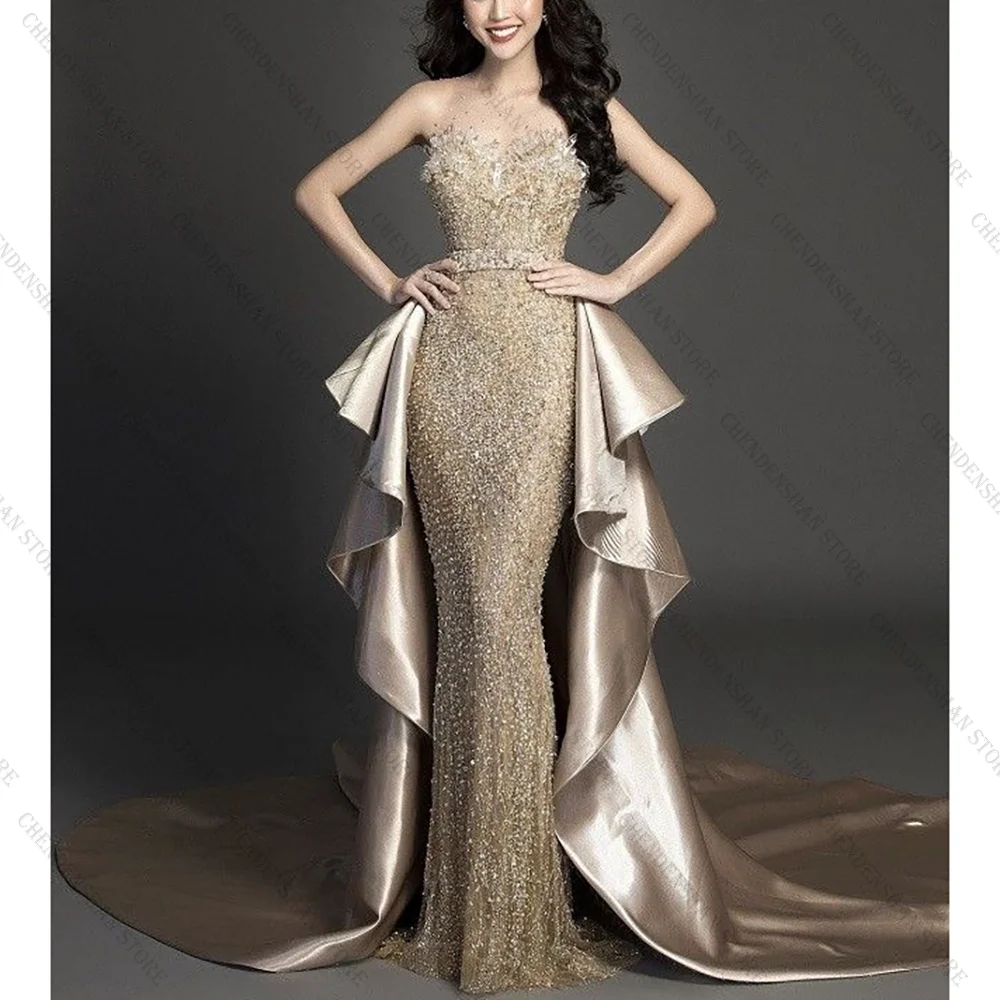 

Luxury Strapless Mermaid Prom Dress With Train Fashion Party Floor Length Lady High-end Formal Evening Gowns