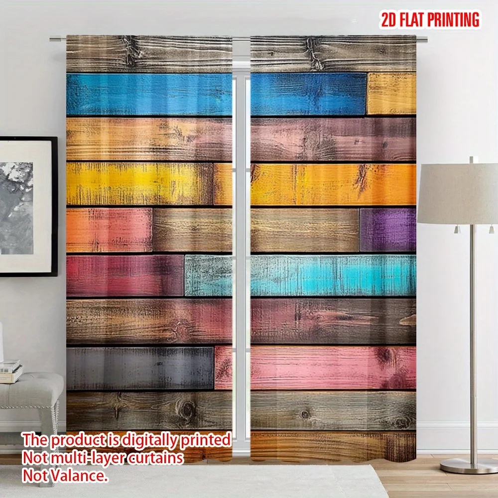 Vintage Colorful Wood Plank Curtains 2 Panels, Rustic Multi Color Wooden Board Texture Retro Farmhouse Style Bedroom Curtain