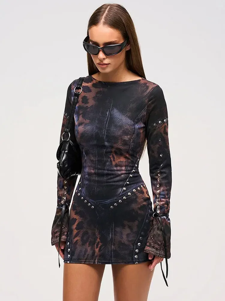 

2025 New Vintage Printing Sexy Bodycon Mini Dress For Women Autumn Winter Fashion Full Sleeve Female Club Party Dresses