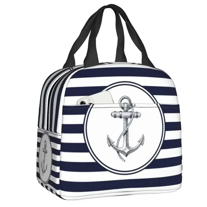 

Nautical Navy Blue Anchor Stripes Insulated Lunch Bag for School Office Cooler Thermal Bento Box Women Food Container Tote Bags