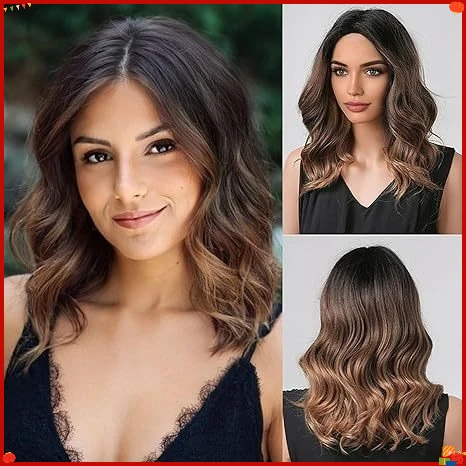 Synthetic Brown Short Curly Wig Middle Part for Women, Natural Looking Full Wig, Cosplay Daily Party Heat Resistant Fiber