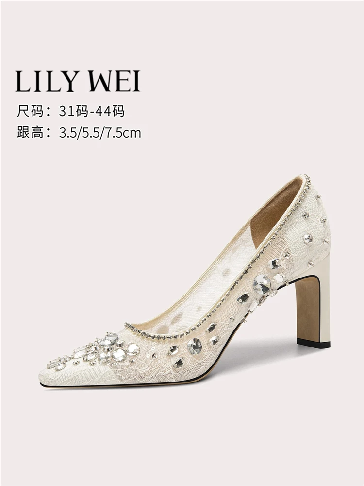 

Spring and summer new shallow lace mesh rhinestone wedding shoes thick high heel banquet large size small size women's shoes