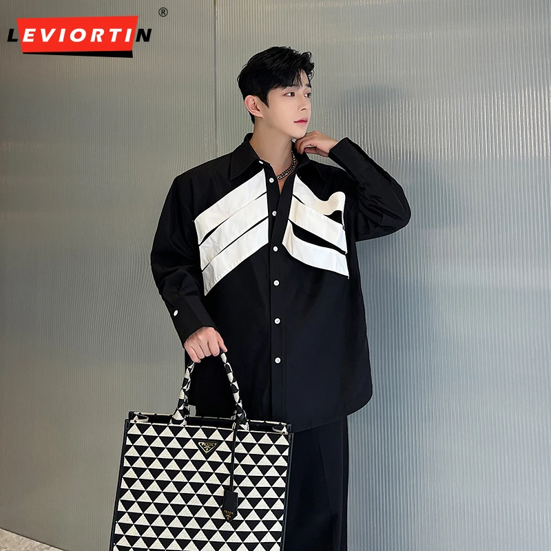 Camisas de retazos de bloques de Color para hombres, blusa con botones de manga larga con solapa, ropa de calle, camisa holgada informal de otoño Unisex