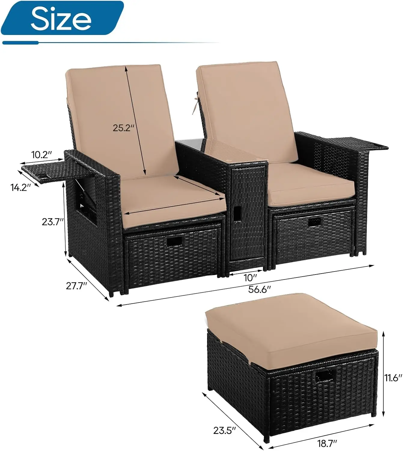 5 قطع من كرسي صالة الخيزران - كرسي صالة فناء قابل للتعديل مع مسند وطاولة قهوة، لشاطئ الفناء