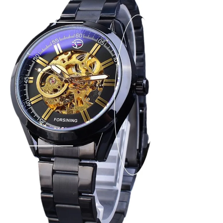 Fashion Forsining Top Brand Men Casual Hollowed Out Blue Glass Waterproof Automatic Mechanical Full Black Stainless Steel Watch