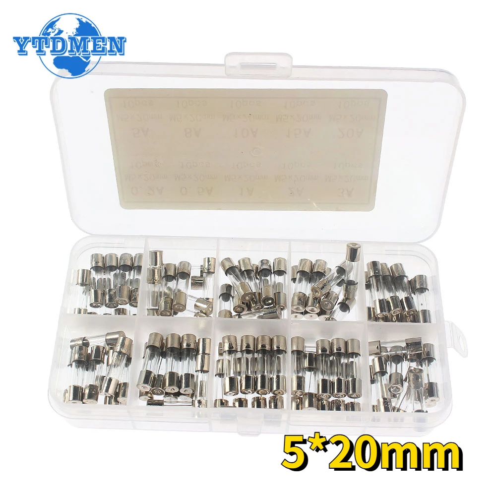 100pcs Fuse 5*20mm Quick Blow Glass Fuse 250V Fast Blow Fuses Assortment Kit 0.2A 0.5A 1A 2A 3A 5A 8A 10A 15A 20A