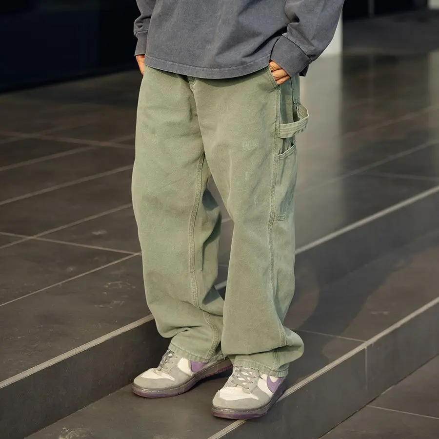 

Retro Japanese Style Woodcutter Workwear Straight Leg Casual Trousers Washed Faded Look Youthful Energy Cotton Pants