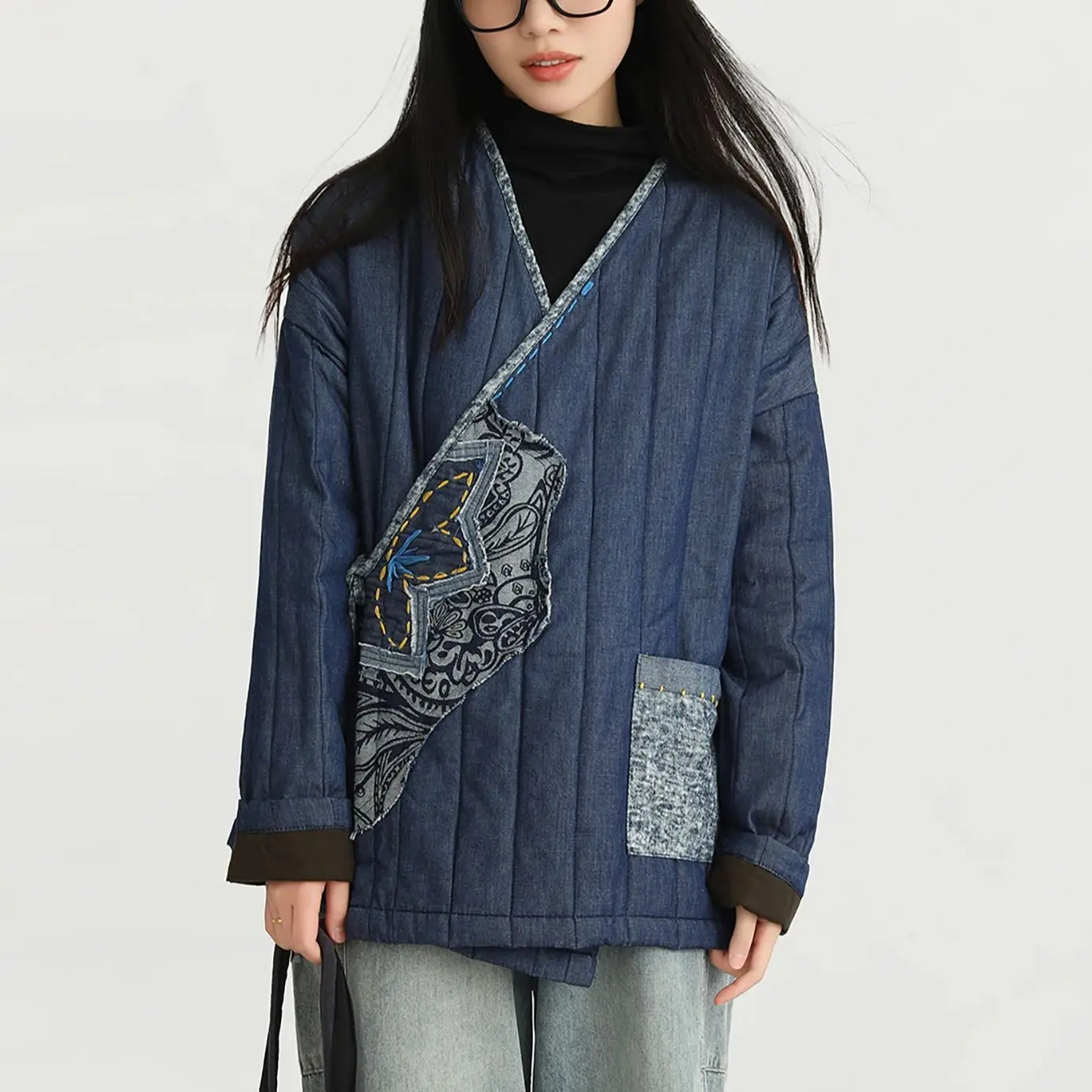 

LZJN Women's Loose Fit Blue Vintage Denim Patchwork Embroidered Cotton Jacket with Oriental Style Ties V-neck, Warm Winter Top