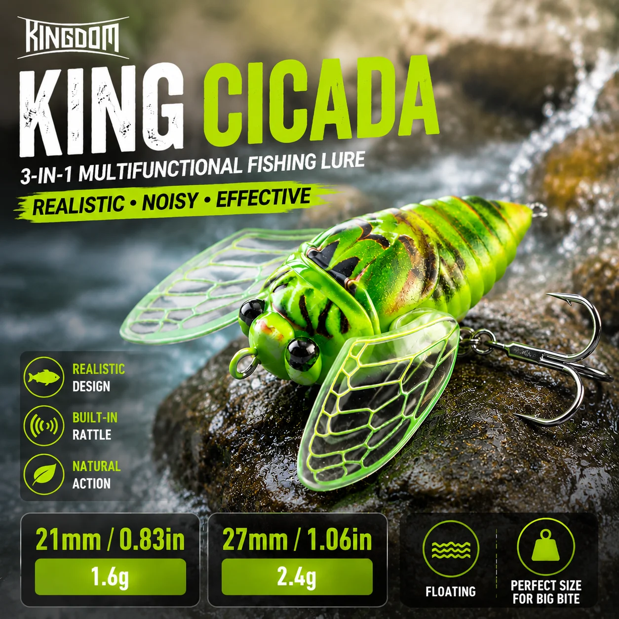 Kingdom Isca Artificial Cicada Flutuante para Bass