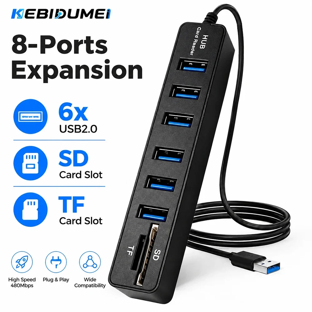 KEBIDUMEI USB Hub 8 Ports SD TF Card Reader USB 2.0 Hub USB Splitter Multiple Extender for PC Laptop Macbook Mouse Keyboard