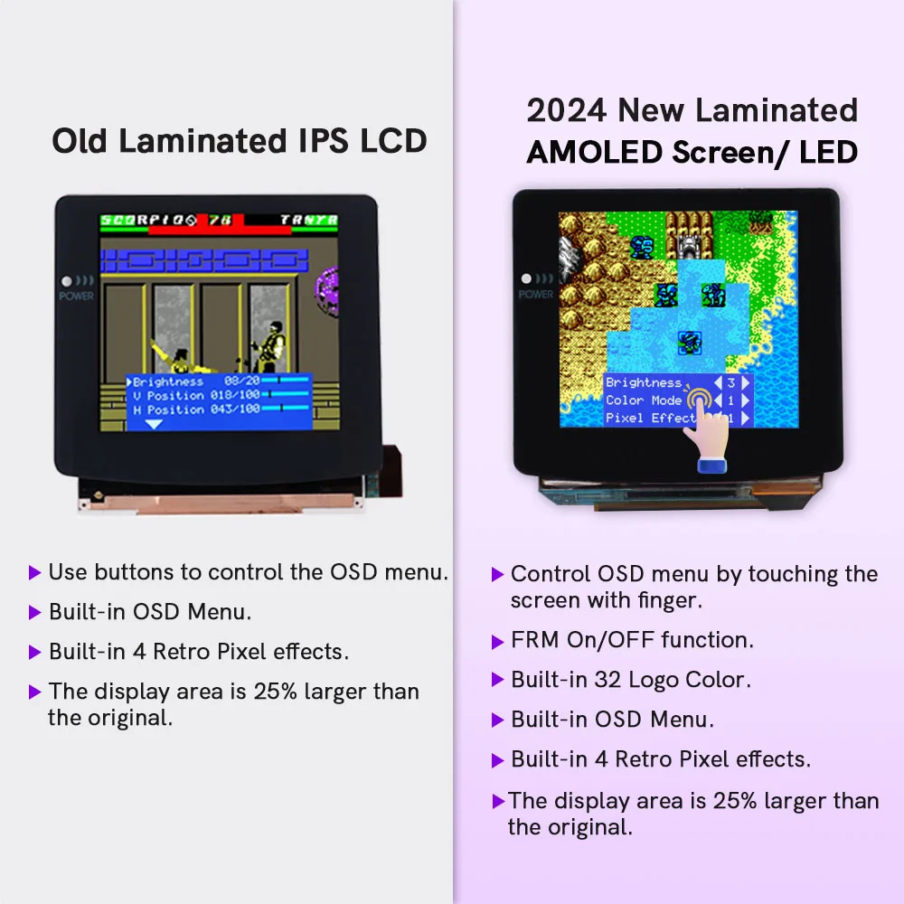 AMOLED 터치 OLED 라미네이트 스크린, GBC 게임보이 컬러용 내장 OSD 레트로 픽셀 스크린, 프리컷 하우징 쉘, 2024 최신