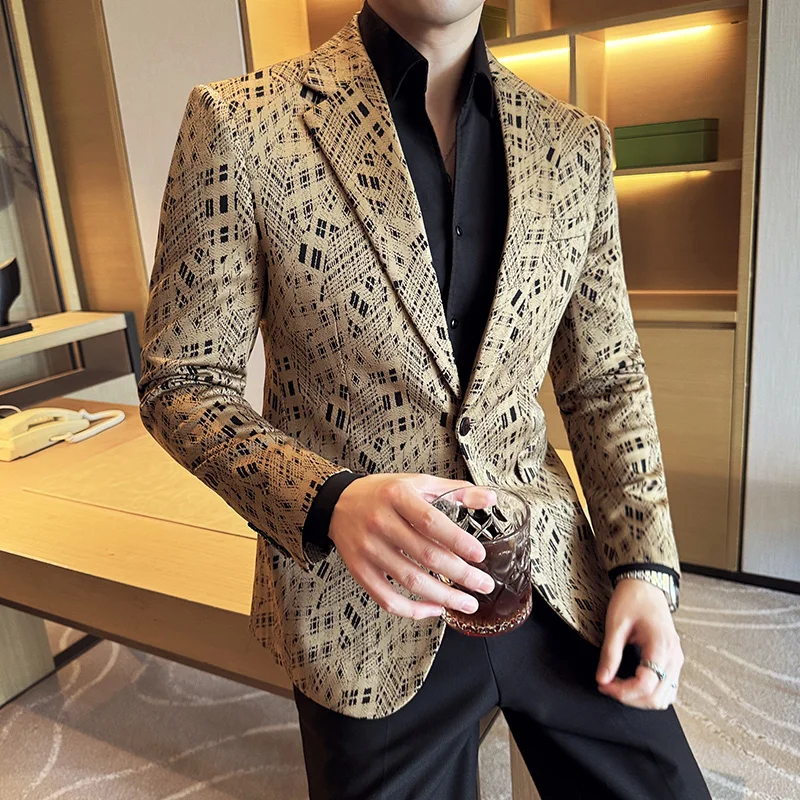 Camouflage Grid Suit Jacket For Men 2024 New Business Casual Slim Blazer Korean Luxury High Quality Wedding Business Suit Coats