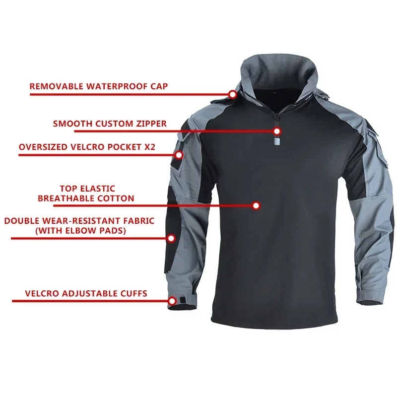 GREEN Combat T-Shirt Hooded Men Tactical Shirt Airsoft Paintball Fishing Shirts Wear-resisting Tops Multi Pocket Hunting Clothes - view 3
