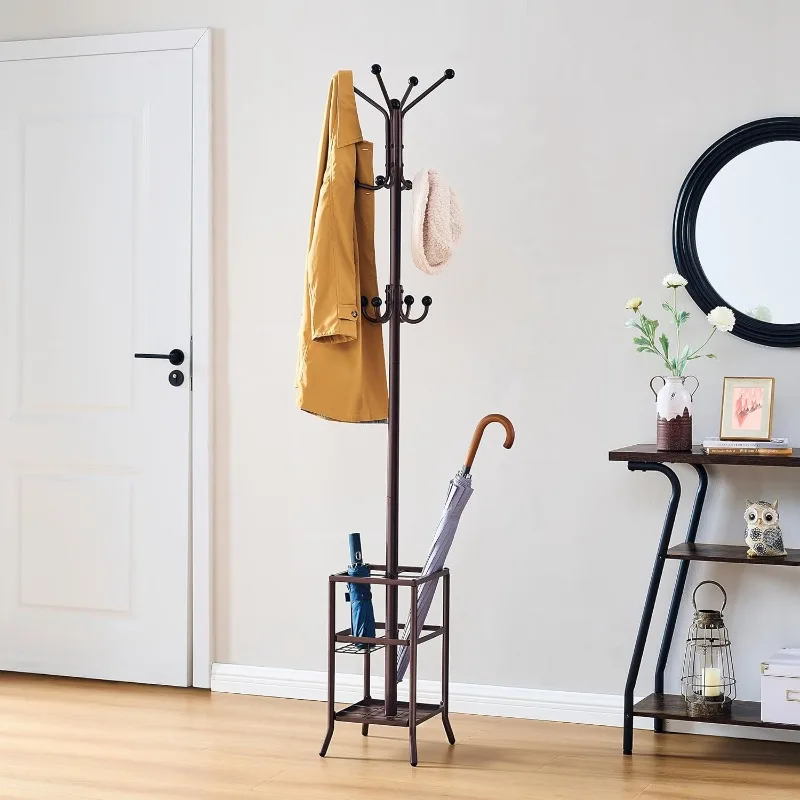 Coat Rack Freestanding,Coat Rack Stand with Umbrella Holder,Metal Coat Rack with 12 Hooks,Tree Clothes Hat for Entryway