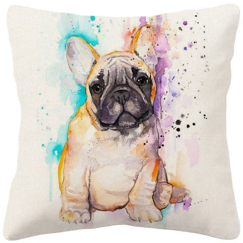 Pug Dog Tiger Animal Hand Painting Cushion Cover Beige Linen Throw Pillowcase Decorative Pillows For Sofa