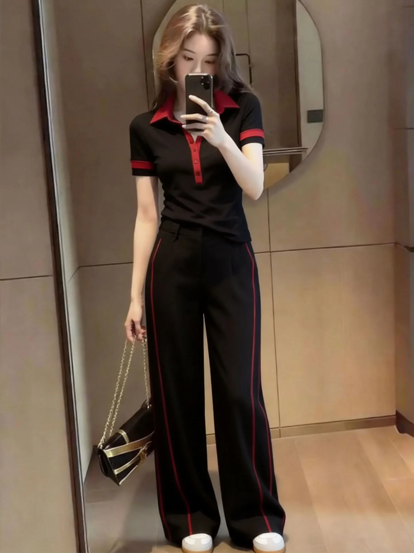 

Color Block Shirt Collared Slim Fit Short Sleeve T-Shirt High Waist Casual Wide Leg Pants Summer New Style Set Women's F...