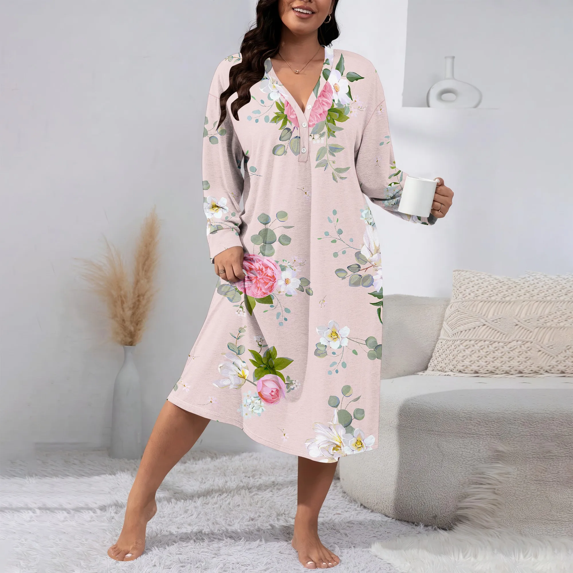 

Women's Autumn 3D Fashion Printed V-neck Casual Long sleeved Dress