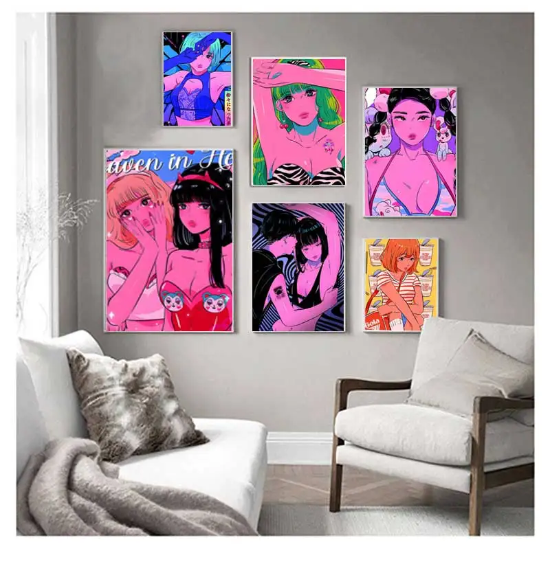 Ins Japanese Anime Decorative Posters Cartoon Sweet Girl DIY Wall Sticker Retro Poster Kraft Paper Prints Kawaii Room Decor Gift
