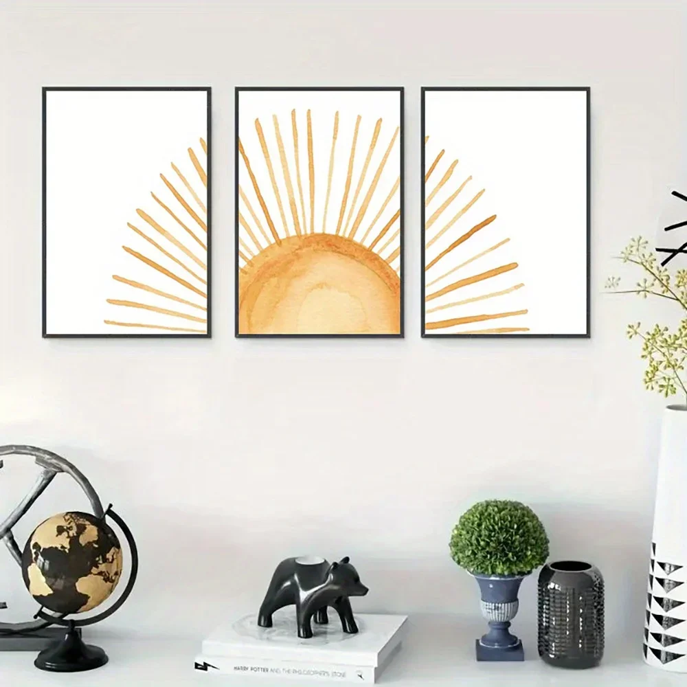 3pcs Sun Wall Art, Rolled Canvas Textured Poster Set, Golden Sunbeam Art Prints - Cloth Material, Abstract Room Decoration, M
