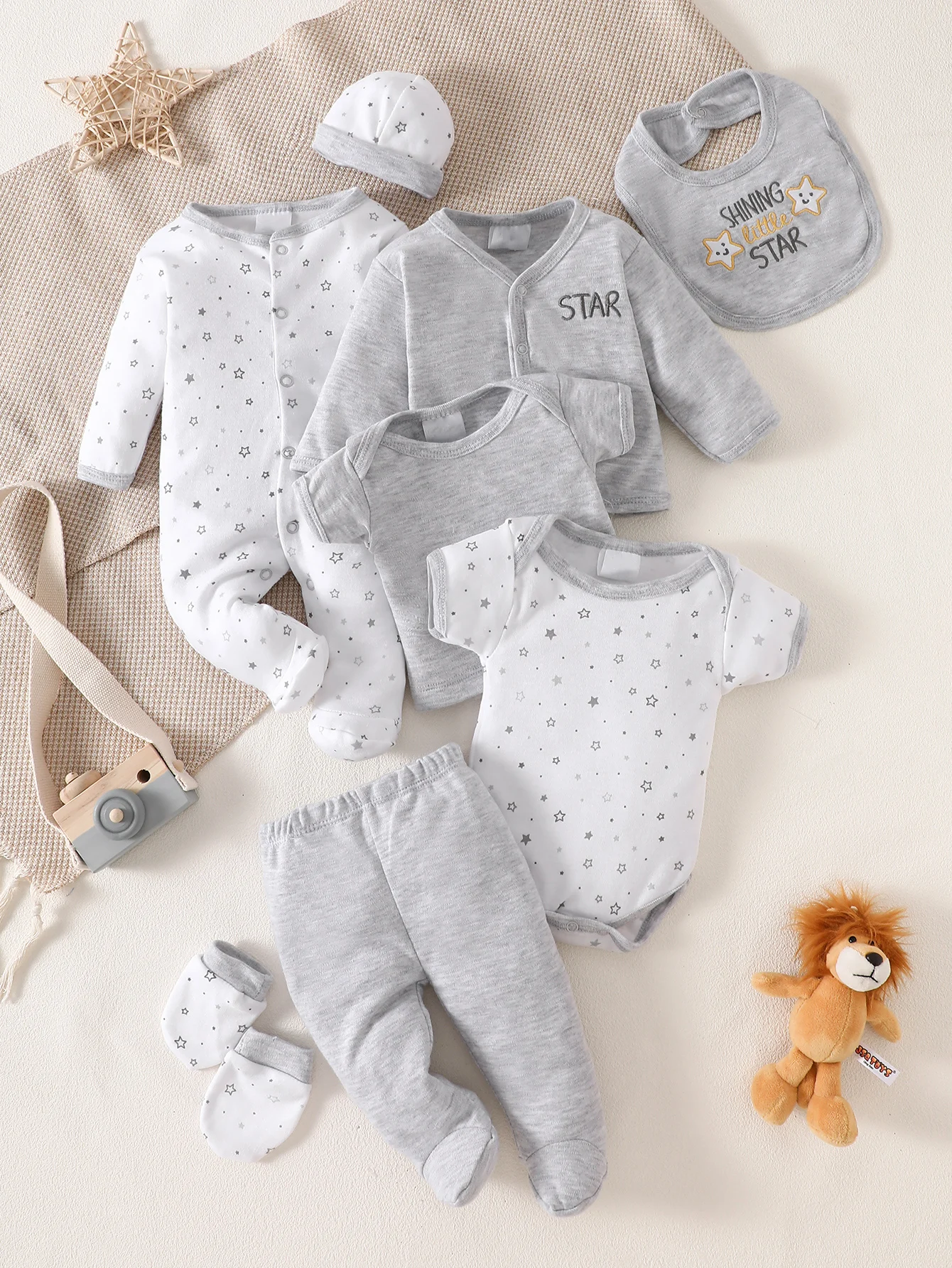 8-Piece Newborn Romper Set | 100% Cotton, Soft & Breathable | Gray Cartoon Star Design | For 0-9 Months Babies