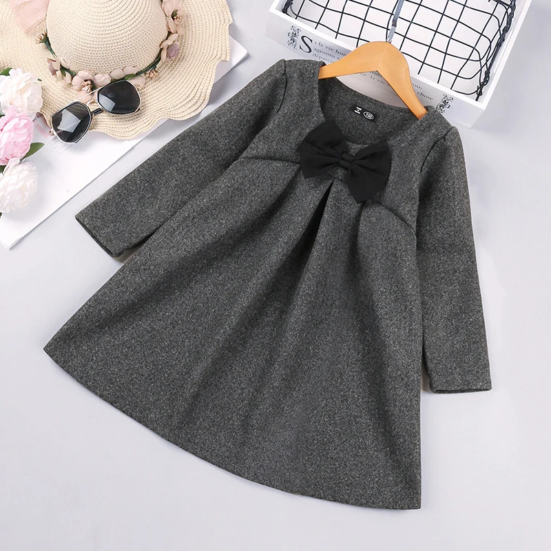 New Autumn Girls Dress Spring Kids Princess Dress Baby Toddle Gray Long-Sleeved Bow Daily Casual Dress Kids Clothing