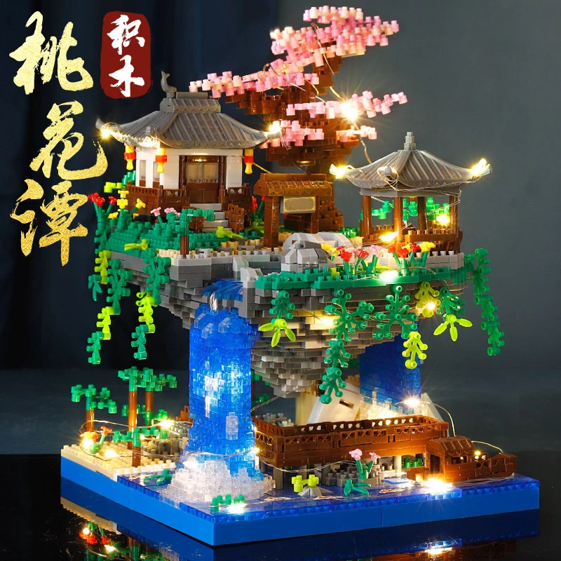 Temple Pavilion Island Waterfall Pool LED Light Mini Diamond Blocks Bricks Model Toy for Children and Adults