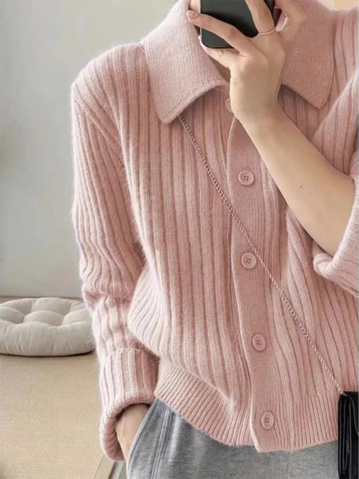 Temperament lapel 100 pure cashmere knit cardigan blouse autumn and winter loose sweater slimming wool coat