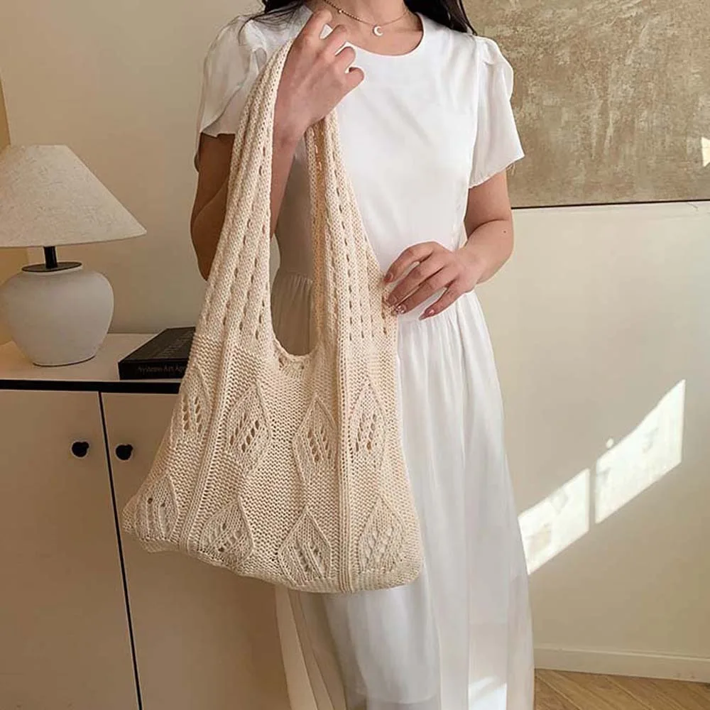 

Sweet Hollow Knitted Tote Bag Breathable Lightweight Straw Shopping Bag Solid Color Polyester Summer Beach Handbag Vacation