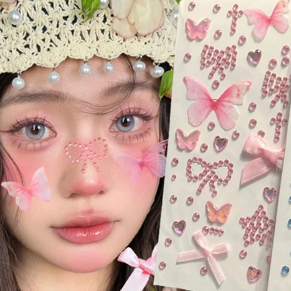 

3D Silk Bows Glitter Face Gem Stickers Y2K Style Music Festival DIY Eyes Makeups Face Jewels Diamond Sticker Facial Decoration