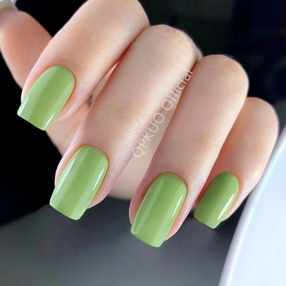 Acrylic Fake Nails With Glue Sticker Shiny Matcha Green Long Square Press On Nails Artificial DIY Finger Tips Manicure Accessory