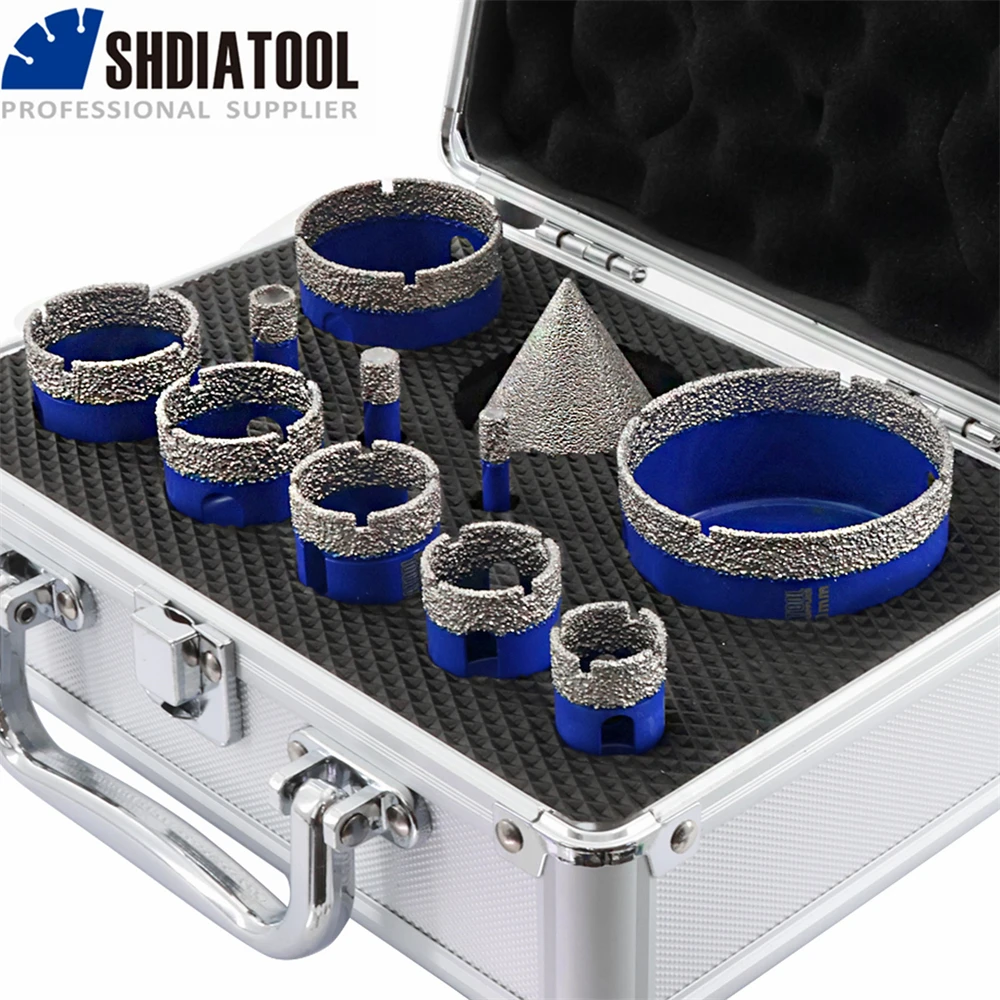 SHDIATOOL 11pcs Diamond Drilling Milling Bits Kit 6/8/10/20/25/28/32/35/45/65mm Triangle Shank Drill Crowns+50mm Chamfer Taper