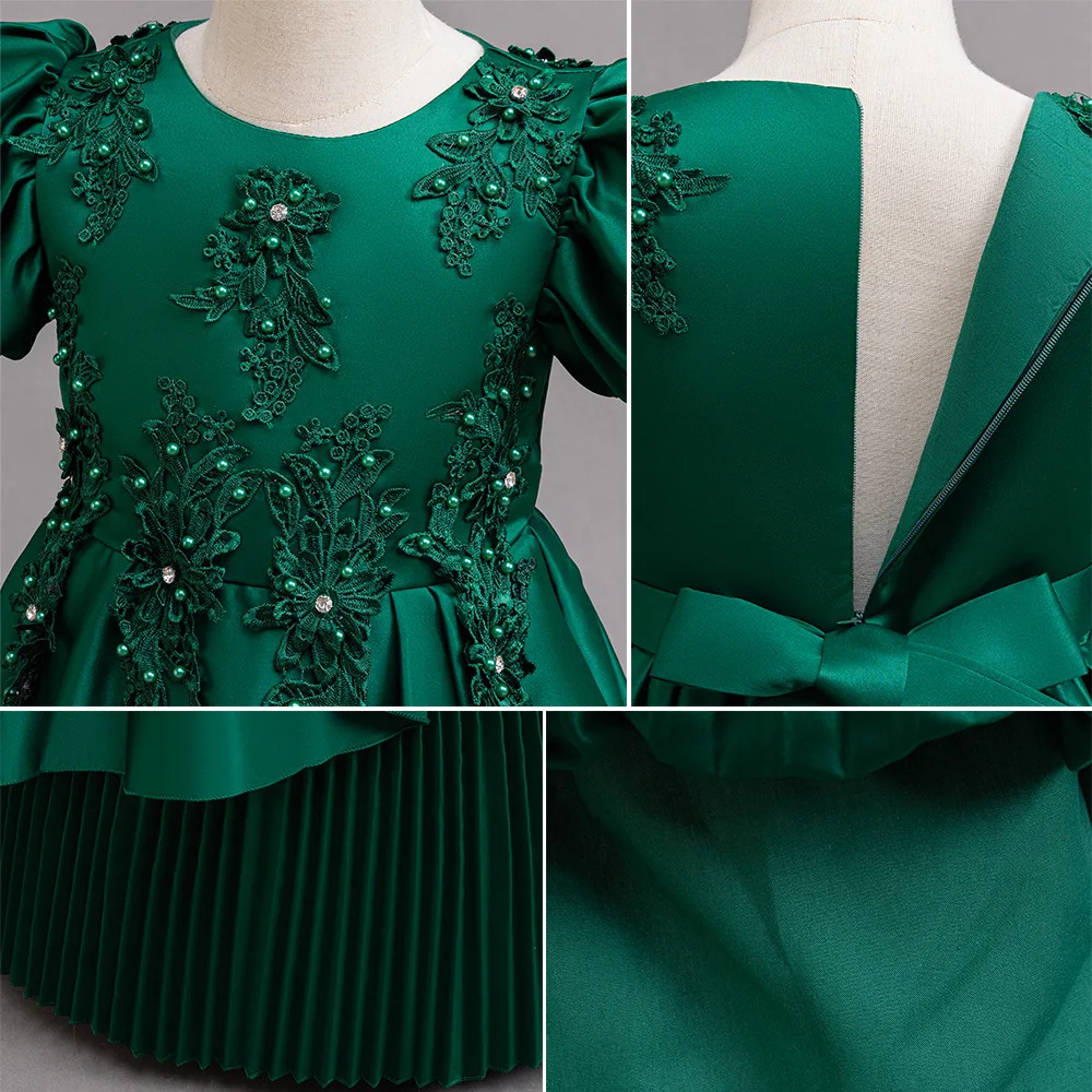Girls Princess Dress Lantern Sleeve Embroidered Beads Banquet Attend Special Festival Performance High-end Retro Dresses
