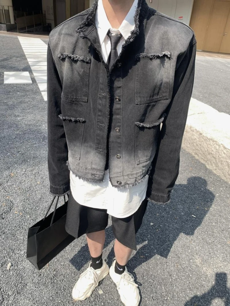 Chaquetas vaqueras con bolsillo y botones para hombre Y2k Joker, abrigo vaquero de alta calidad para hombre, prendas de vestir estéticas de marca Retro japonesas desgastadas y lavadas