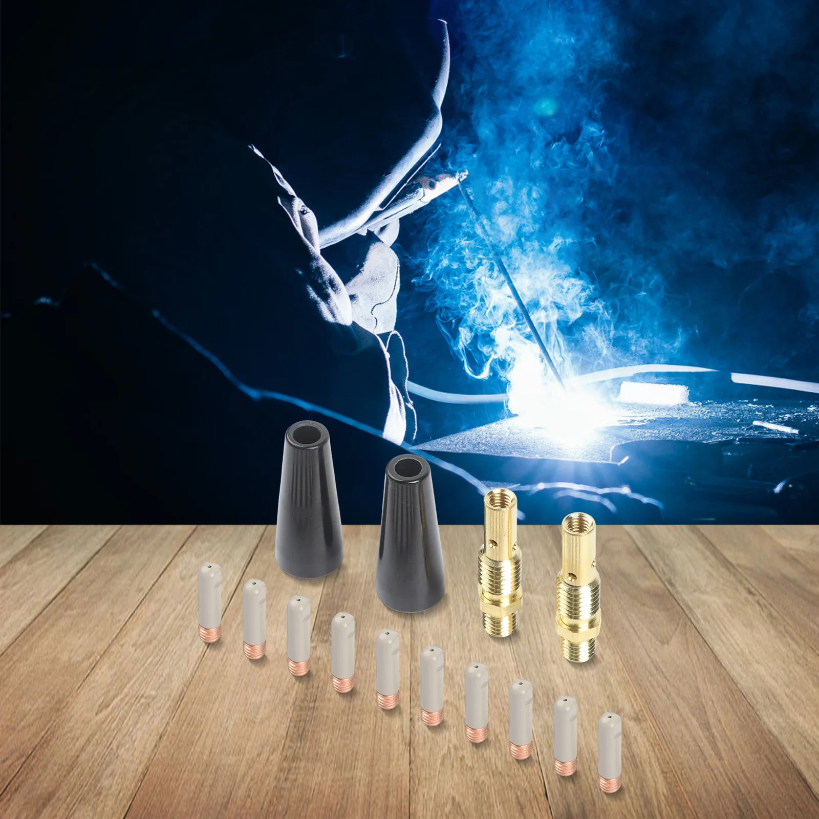 14PCS Welding Kit with Flux Core Gasless Nozzles 08mm Coated Tips and Gas Diffusers for Multiple Welding Models