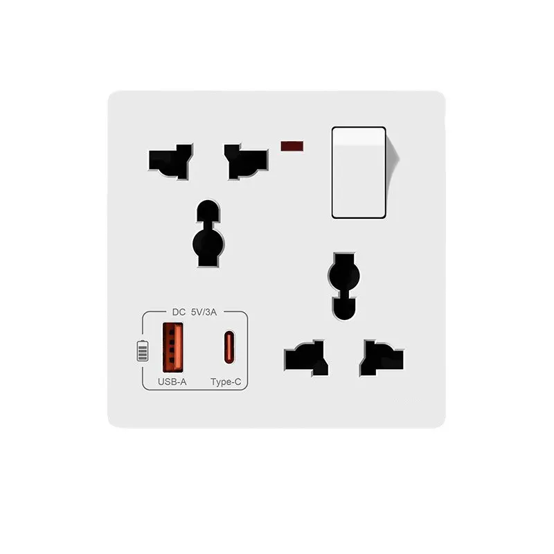 Multifunctional 1Gang 6 six-Hole Socket With USB+Type-c Charging 86-Type Concealed Universal Three Pin Plug With Switch Control