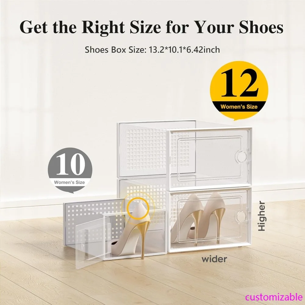 Large Clear Plastic Stackable Shoe Storage Boxes Organizers 12 Pack, Multi-Use for Closet Entryway Under Bed