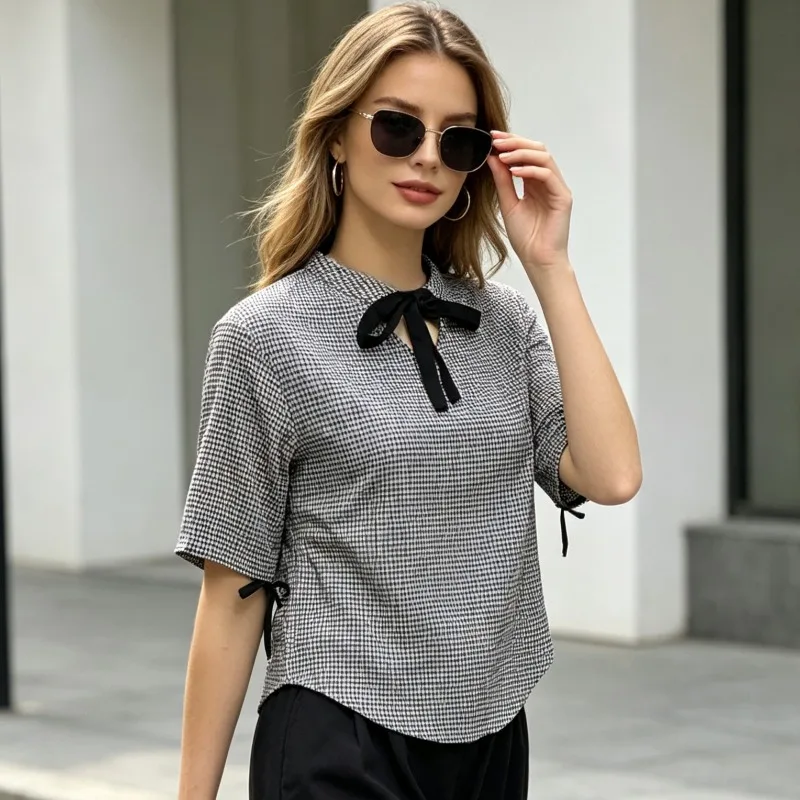 Korean Plus Size Irregular Lace Up Loose Fit Women's Checkered Shirt Summer Fashion Short Sleeved Back Button Casual Tops