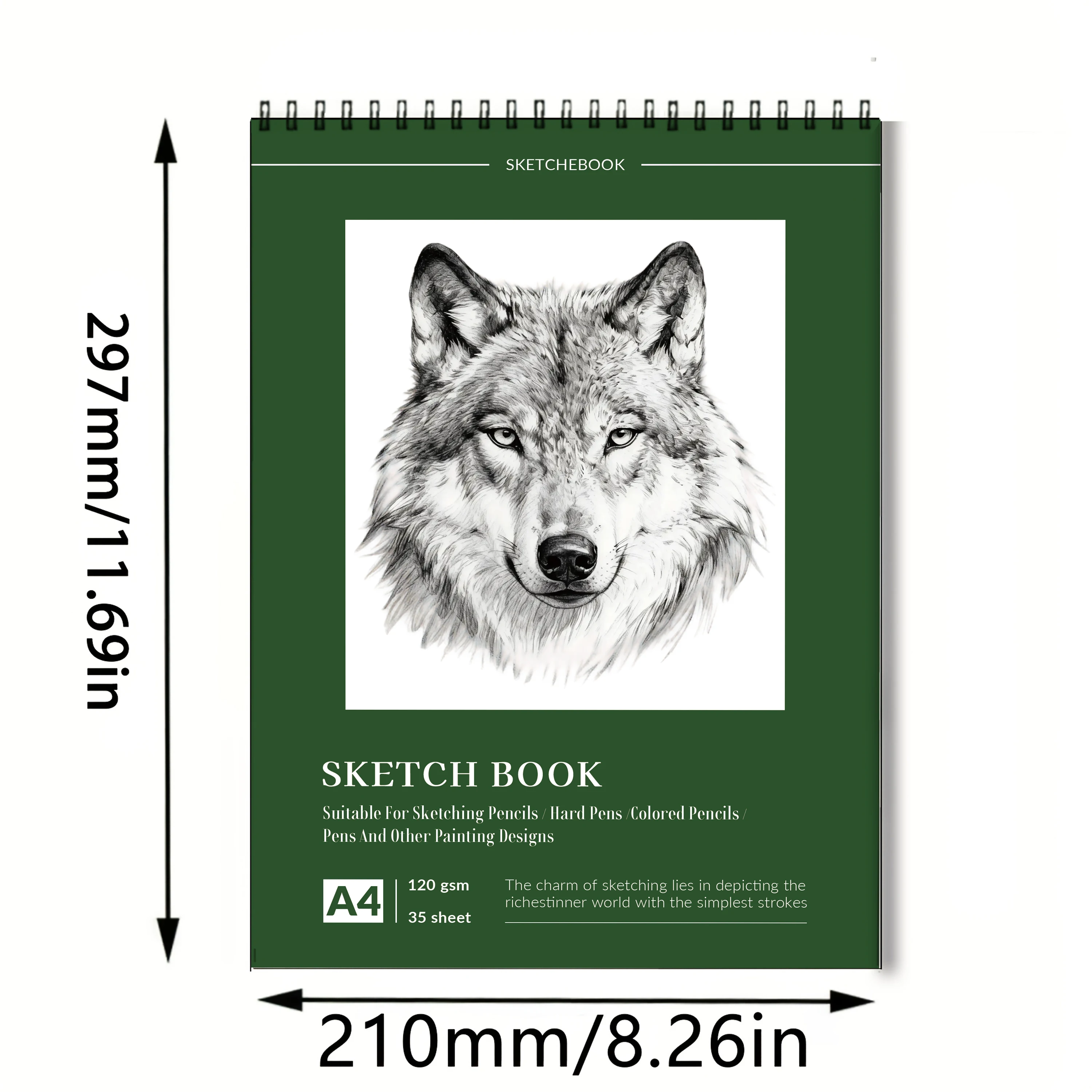 A4 Spiral Sketchbook with Wolf Head Sketch Art Cover, 120 GSM Thick Paper, 35 Sheets, Blank Multi-Media Art Pad for Pencils, Cha