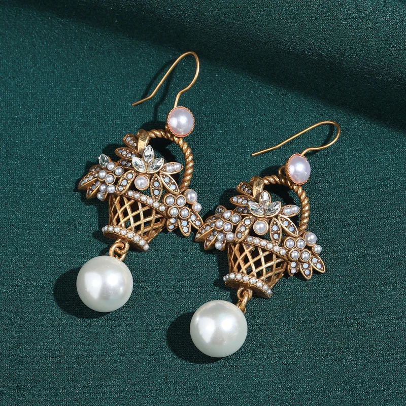 

Pearl Earrings Vintage For Women Drop Flower Basket Pendant Jewelry Gold Color Luxury Accessories 2026 New Trend Girlfriend Gift