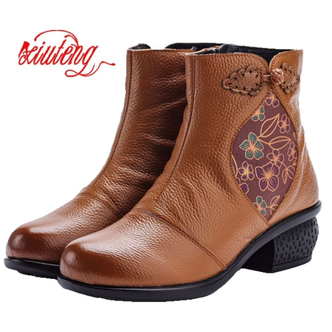 

Сапоги из натуральной кожи в этническом стиле на среднем каблуке, осень-зима 2024, теплые нескользящие ботинки для мам на низком каблуке с цветочным принтом