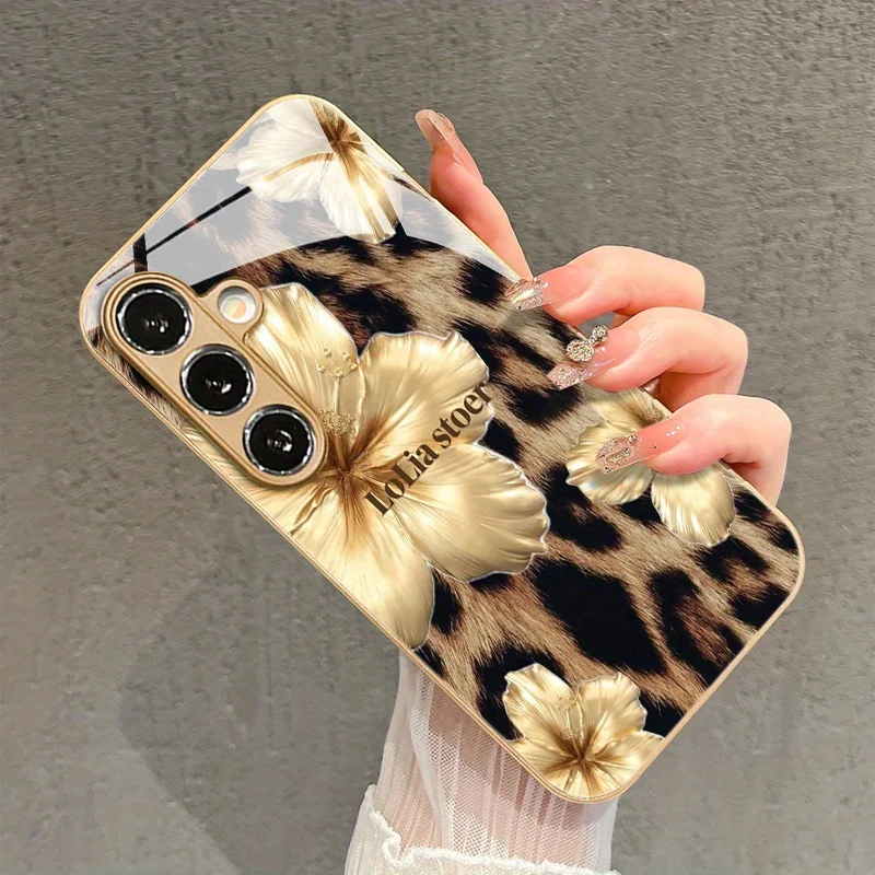 Golden Flower Leopard Print Phone case glass phone case for Samsung GalaxyS26 S25 24 23 22 21Ultra/Plus/FE shockproof back cover