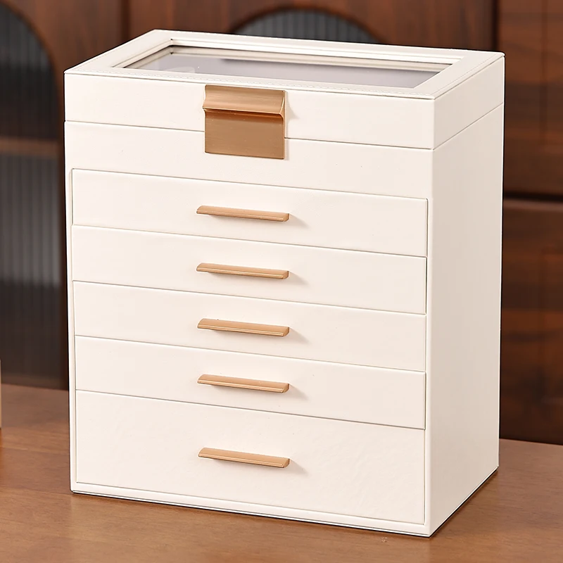 Multi-layer Jewelry Storage Box with Clear Lid & Mirror, Large Capacity Drawer Type PU Leather Jewelry Organizer for Rings Earri